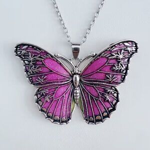 Necklace Purple Butterfly Oil Drop Enamel Purple Sparkle Antique Silvery Finish